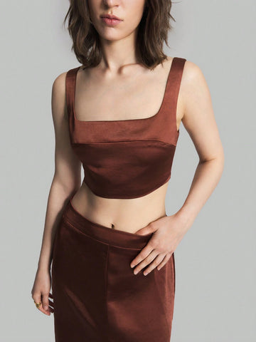 Ontre Women's Solid Color Wide Shoulder Strap Vest And High Split Thigh Summer Elegant 2pcs Set