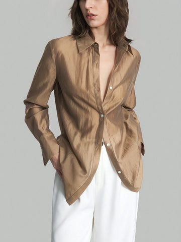 Ontre Women's Spring/Summer Casual Solid Color Long Sleeve Casual Shirt