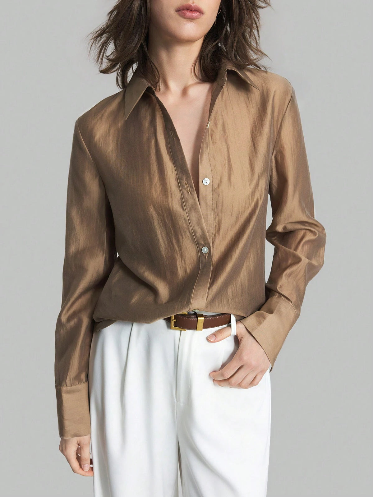 Ontre Women's Spring/Summer Casual Solid Color Long Sleeve Casual Shirt