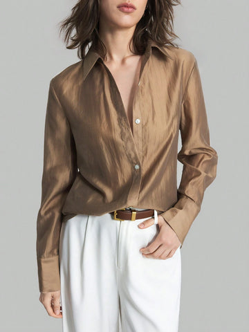 Ontre Women's Spring/Summer Casual Solid Color Long Sleeve Casual Shirt