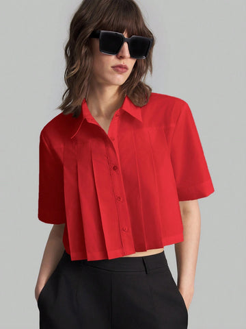 Women's Summer Solid Color Pleated Short Sleeve Casual Shirt, Cotton