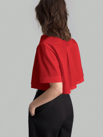 Women's Summer Solid Color Pleated Short Sleeve Casual Shirt, Cotton