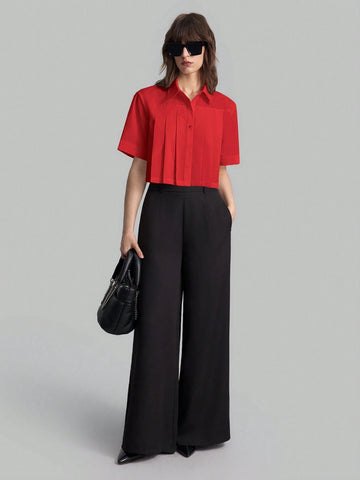 Women's Summer Solid Color Pleated Short Sleeve Casual Shirt, Cotton