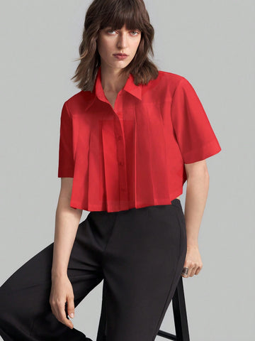 Women's Summer Solid Color Pleated Short Sleeve Casual Shirt, Cotton