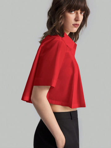 Women's Summer Solid Color Pleated Short Sleeve Casual Shirt, Cotton