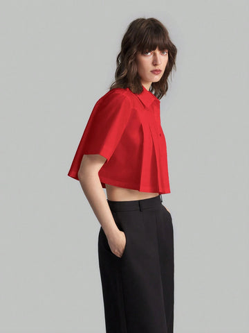 Women's Summer Solid Color Pleated Short Sleeve Casual Shirt, Cotton