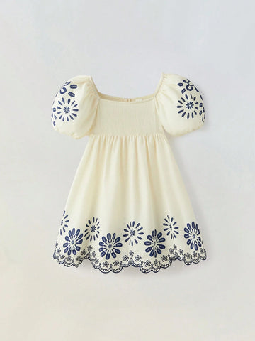 Young Girl Floral Embroidery Casual Skater Dress