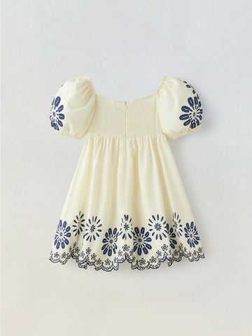 Young Girl Floral Embroidery Casual Skater Dress