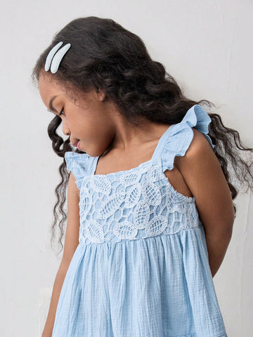 Young Girl Loose Casual Contrast Lace Cap Sleeve Cute Dress