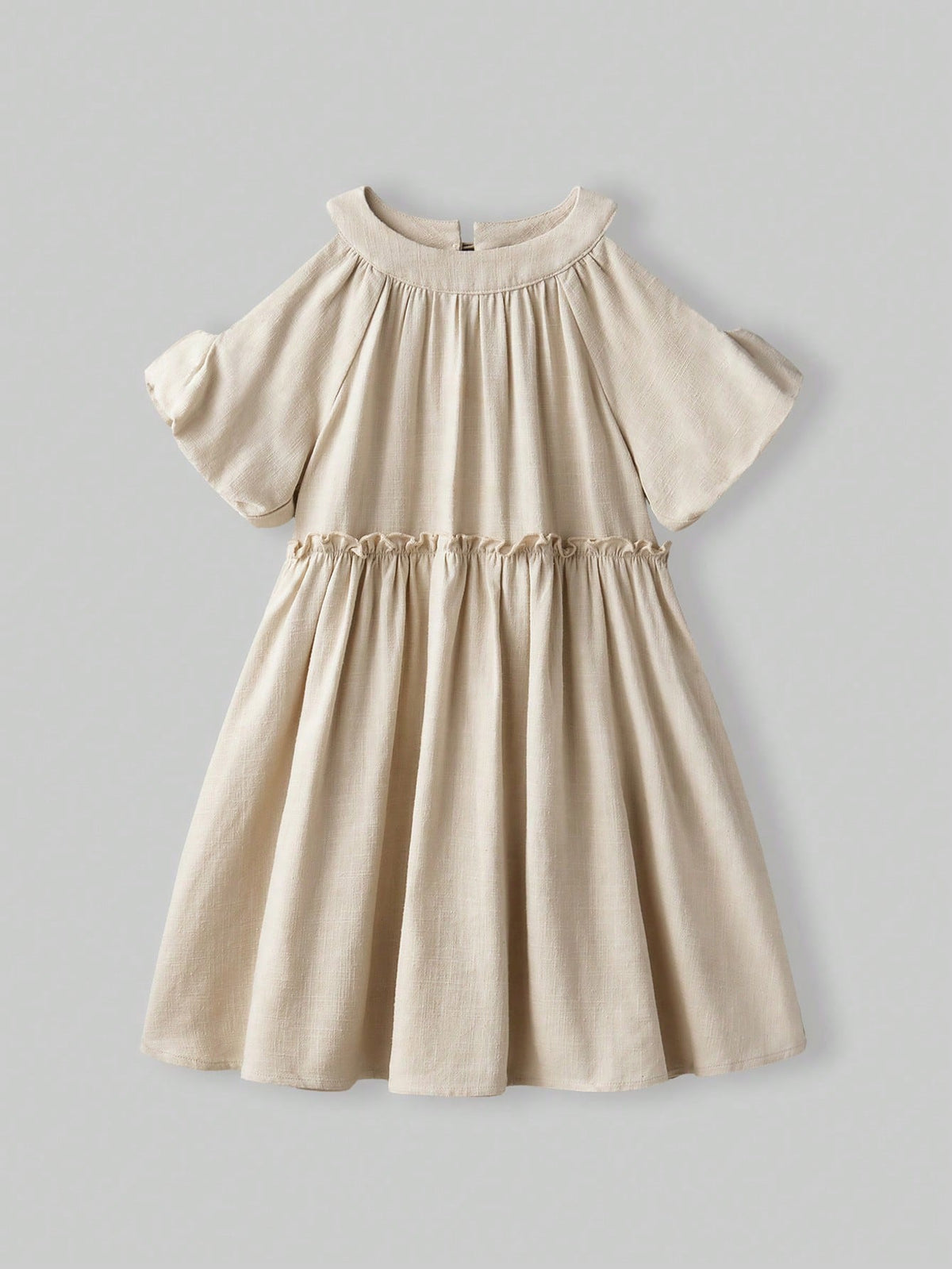 Young Girl Loose Casual Hollow Out Puff Sleeve Ruffle Hem Dress