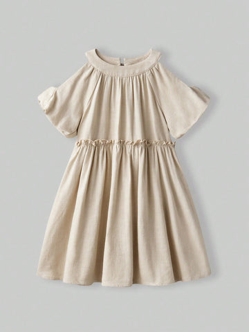 Young Girl Loose Casual Hollow Out Puff Sleeve Ruffle Hem Dress