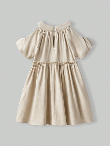 Young Girl Loose Casual Hollow Out Puff Sleeve Ruffle Hem Dress