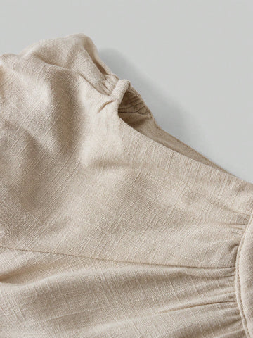 Young Girl Loose Casual Hollow Out Puff Sleeve Ruffle Hem Dress