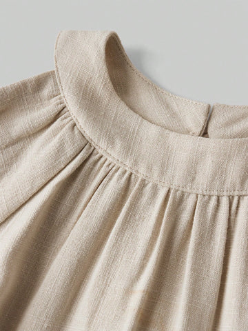 Young Girl Loose Casual Hollow Out Puff Sleeve Ruffle Hem Dress