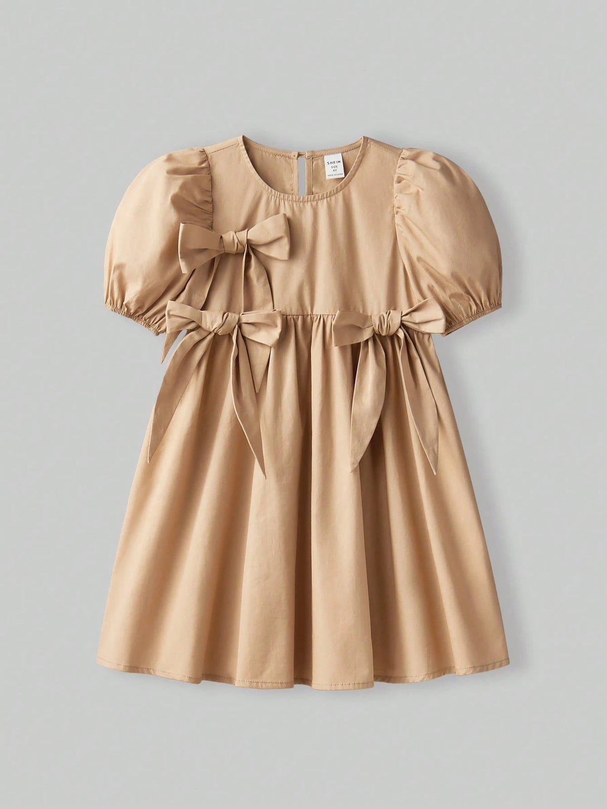 Young Girl Loose Leisure Puff Sleeve Bow Decor Dress