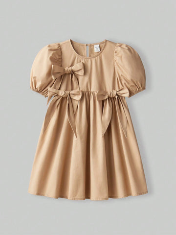 Young Girl Loose Leisure Puff Sleeve Bow Decor Dress