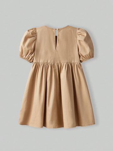 Young Girl Loose Leisure Puff Sleeve Bow Decor Dress