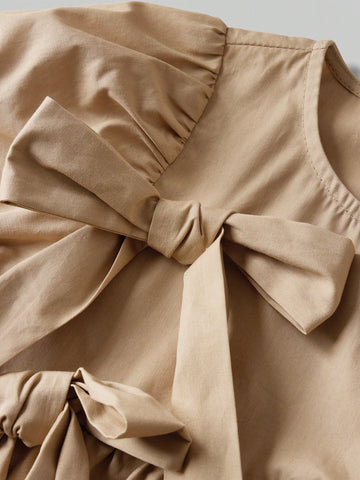 Young Girl Loose Leisure Puff Sleeve Bow Decor Dress