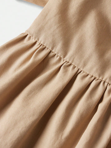 Young Girl Loose Leisure Puff Sleeve Bow Decor Dress