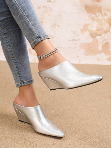 Open Back Mule Sandals For Women, European Style Soft Leather Square Toe Wedge High Heels Slip On