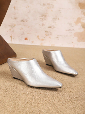 Open Back Mule Sandals For Women, European Style Soft Leather Square Toe Wedge High Heels Slip On