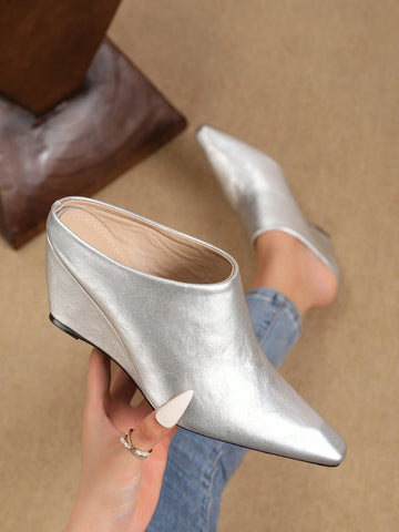 Open Back Mule Sandals For Women, European Style Soft Leather Square Toe Wedge High Heels Slip On