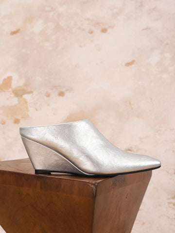 Open Back Mule Sandals For Women, European Style Soft Leather Square Toe Wedge High Heels Slip On