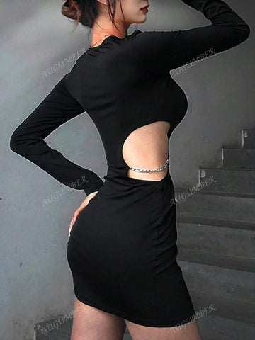 Open Back Solid Color Round Neck Long Sleeve Dress