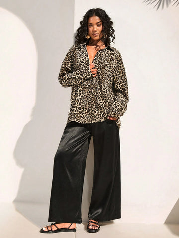 Opulessa 2pcs/Set Women Vacation Chiffon Leopard Print Loose Long Sleeve Shirt & High Waist Relaxed Wide Leg Pants