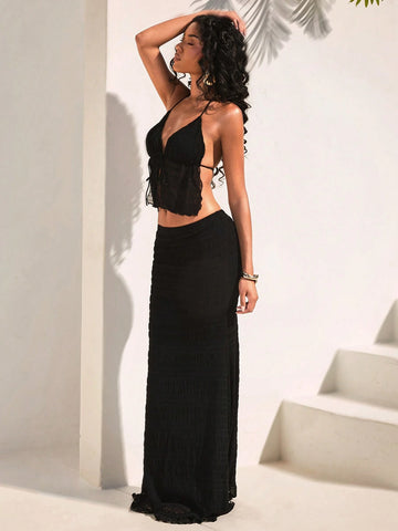 Opulessa 2pcs Set: Solid Color Knit Halter Top & High Waist Mermaid Hem Skirt For Women