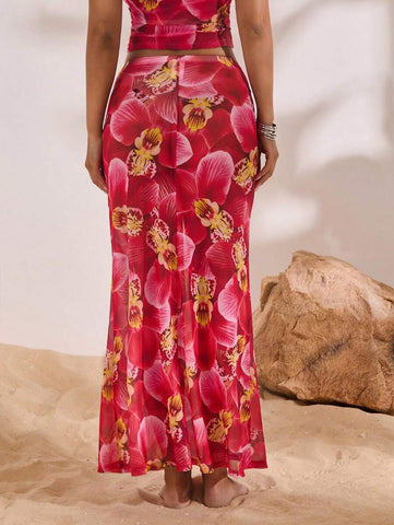Opulessa Knit Mesh Floral Print Mermaid Hem Women Skirt Success