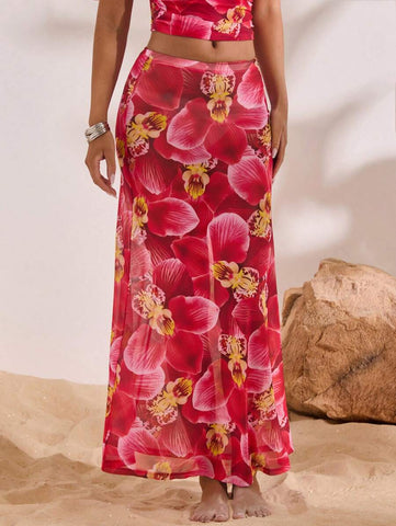 Opulessa Knit Mesh Floral Print Mermaid Hem Women Skirt Success
