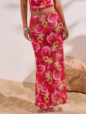 Opulessa Knit Mesh Floral Print Mermaid Hem Women Skirt Success