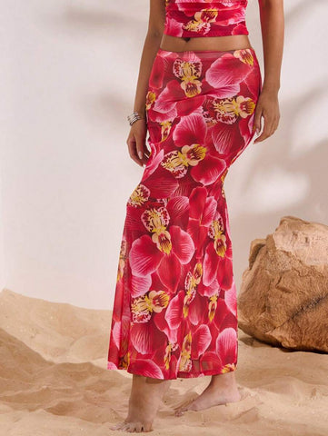 Opulessa Knit Mesh Floral Print Mermaid Hem Women Skirt Success