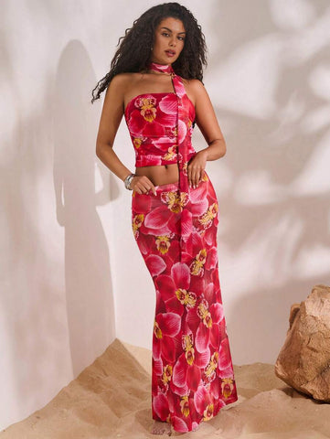 Opulessa Knit Mesh Floral Print Mermaid Hem Women Skirt Success