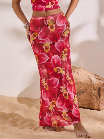 Opulessa Knit Mesh Floral Print Mermaid Hem Women Skirt Success