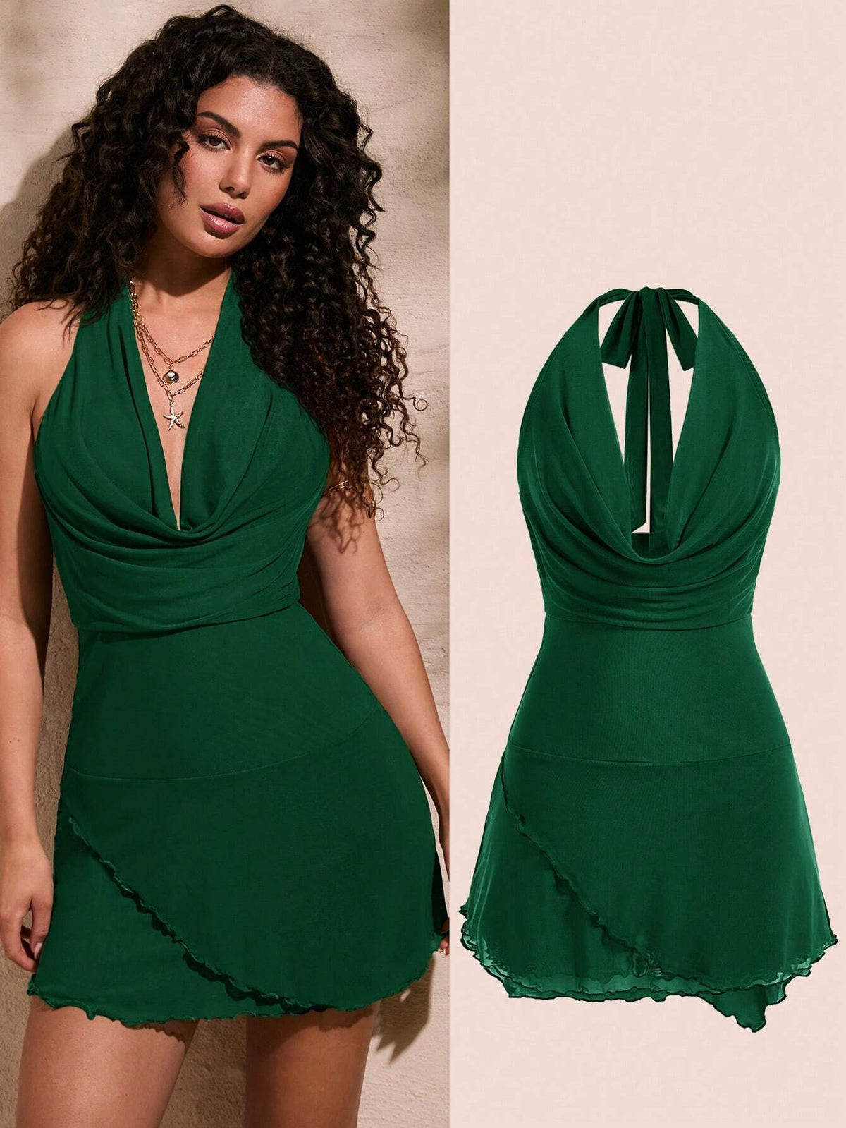 Opulessa Solid Color Knitted Mesh See-Through Sexy Dress, Draped Neck With Halter Strap, Open Back Design For Women's Vacation,Bachelorette Dress ,Fall Women Clothes