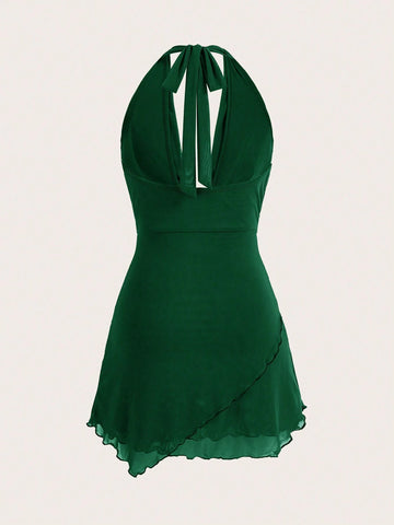 Opulessa Solid Color Knitted Mesh See-Through Sexy Dress, Draped Neck With Halter Strap, Open Back Design For Women's Vacation,Bachelorette Dress ,Fall Women Clothes