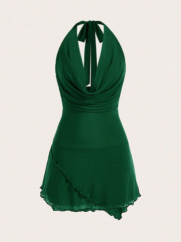 Opulessa Solid Color Knitted Mesh See-Through Sexy Dress, Draped Neck With Halter Strap, Open Back Design For Women's Vacation,Bachelorette Dress ,Fall Women Clothes