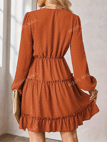 Orange-Red Polka Dot Jacquard Tiered Long Sleeve V-Neck Dress