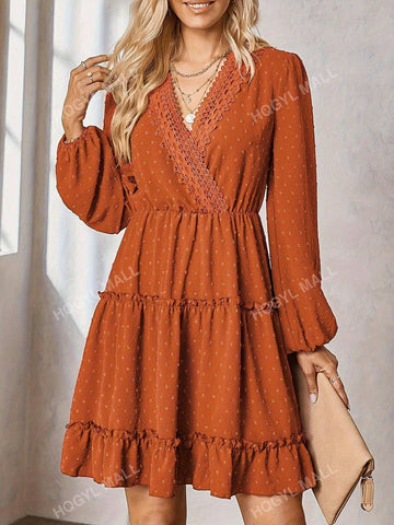 Orange-Red Polka Dot Jacquard Tiered Long Sleeve V-Neck Dress