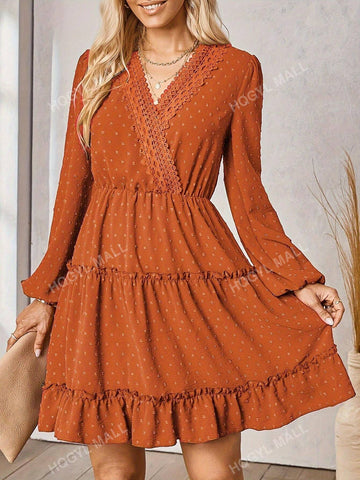 Orange-Red Polka Dot Jacquard Tiered Long Sleeve V-Neck Dress