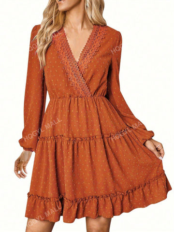 Orange-Red Polka Dot Jacquard Tiered Long Sleeve V-Neck Dress