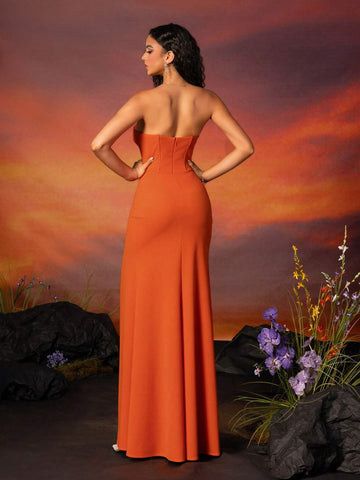 Orange Strapless Slit Elegant Bridesmaid Dress For Women