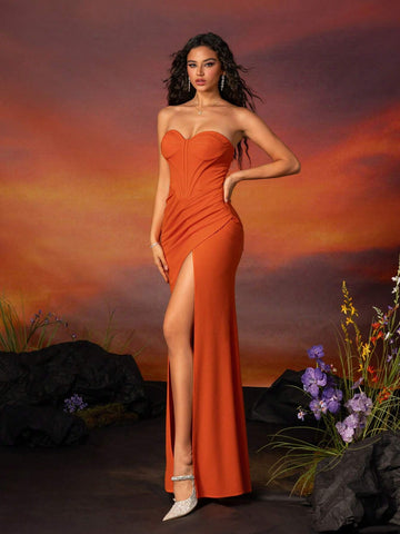 Orange Strapless Slit Elegant Bridesmaid Dress For Women
