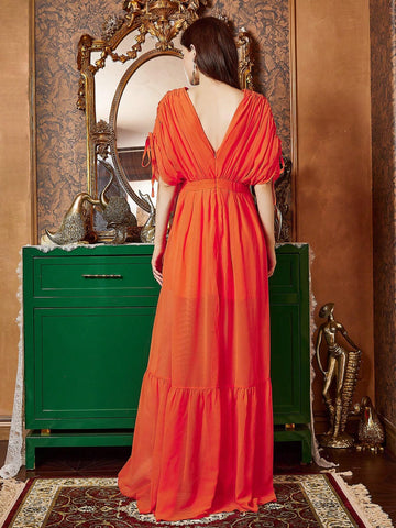 Orange V-Neck Ruched Batwing Sleeve Mother Of The Bride Dress
