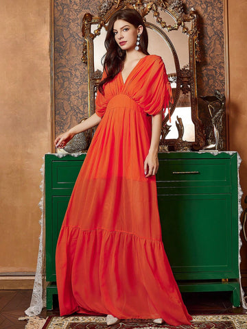 Orange V-Neck Ruched Batwing Sleeve Mother Of The Bride Dress