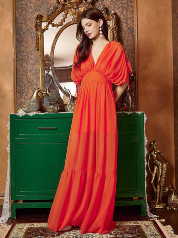 Orange V-Neck Ruched Batwing Sleeve Mother Of The Bride Dress