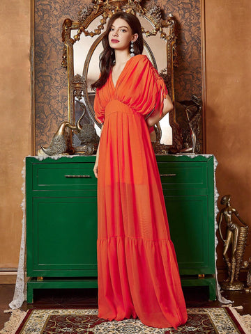 Orange V-Neck Ruched Batwing Sleeve Mother Of The Bride Dress