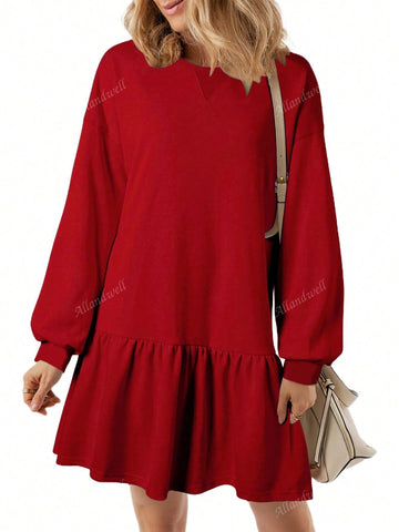 Oversized Women's Neckline Crossed Design Round Neck, Dropped Shoulder Long Sleeve Casual Loose Sweatshirt Dress